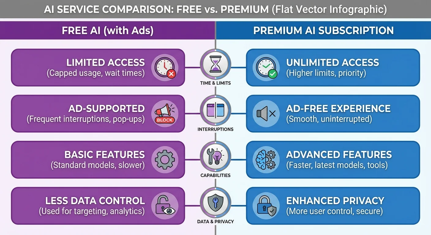 Comparison between Free AI with Ads and Premium AI Subscriptions showing features, pricing, and user experience differences