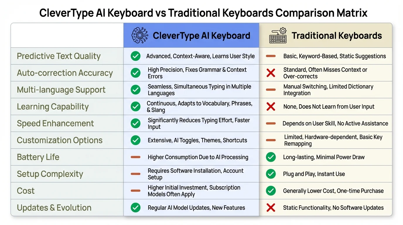 CleverType AI Keyboard vs Traditional Keyboards - Feature Comparison Matrix