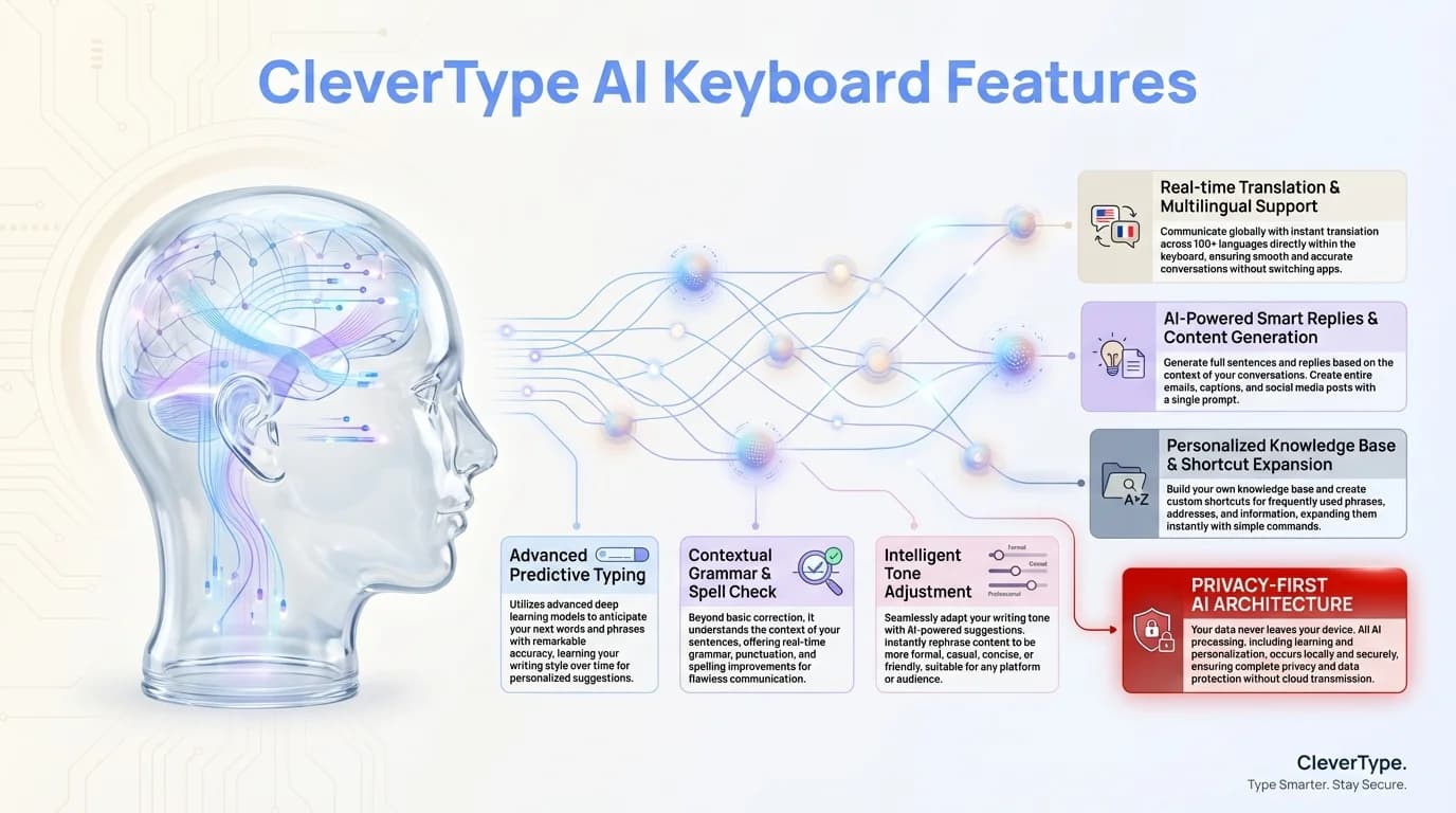 CleverType AI Keyboard Features - Advanced technology overview showing smart predictions, contextual awareness, and intelligent typing assistance
