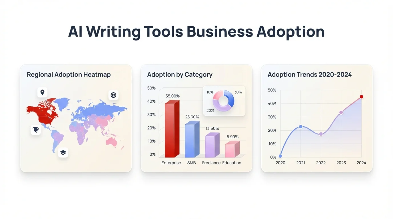 AI Writing Tools Business Adoption Dashboard - Data visualization showing global adoption rates, business categories, and growth trends