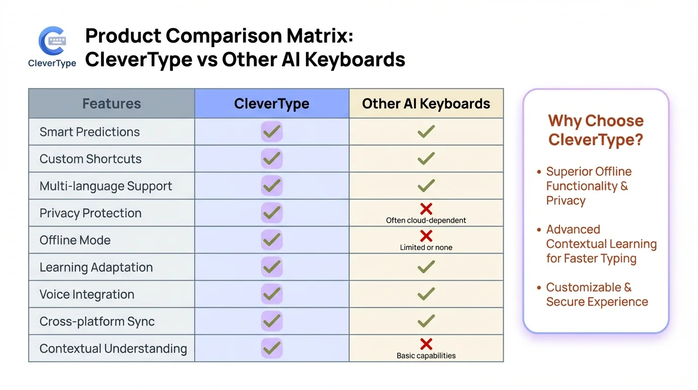 Comparison of CleverType vs Other AI Keyboards showing key features like on-device privacy, 100+ language support, and adaptive AI learning