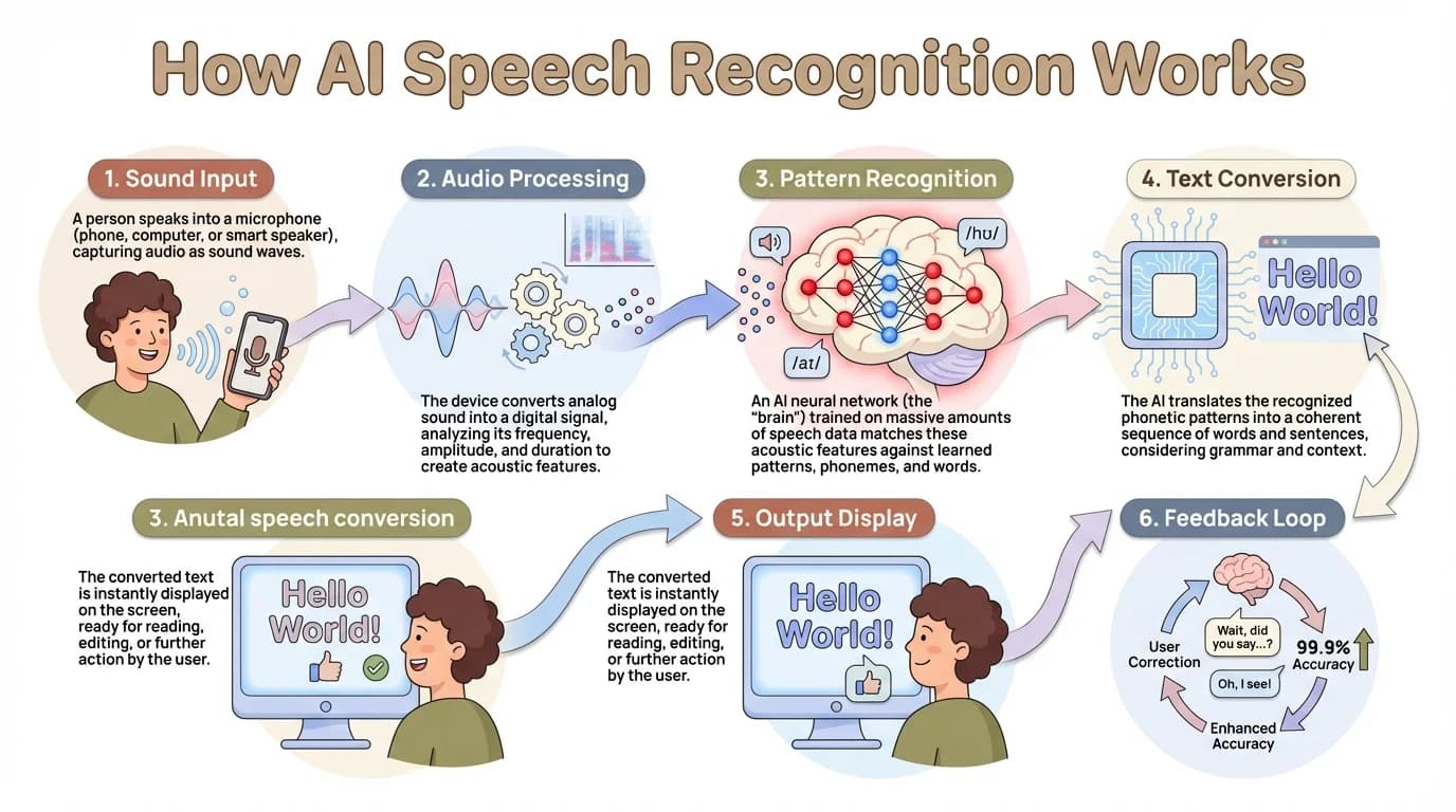Visual explanation of how AI speech recognition technology works, showing the process from sound input to text output with neural networks
