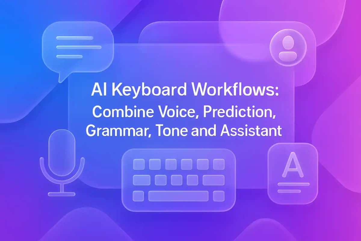 CleverType Blog Post Thumbnail: AI Keyboard Workflows: Combine Voice, Prediction, Grammar, Tone and Assistants Featured image for article: AI Keyboard Workflows: Combine Voice, Prediction, Grammar, Tone and Assistants