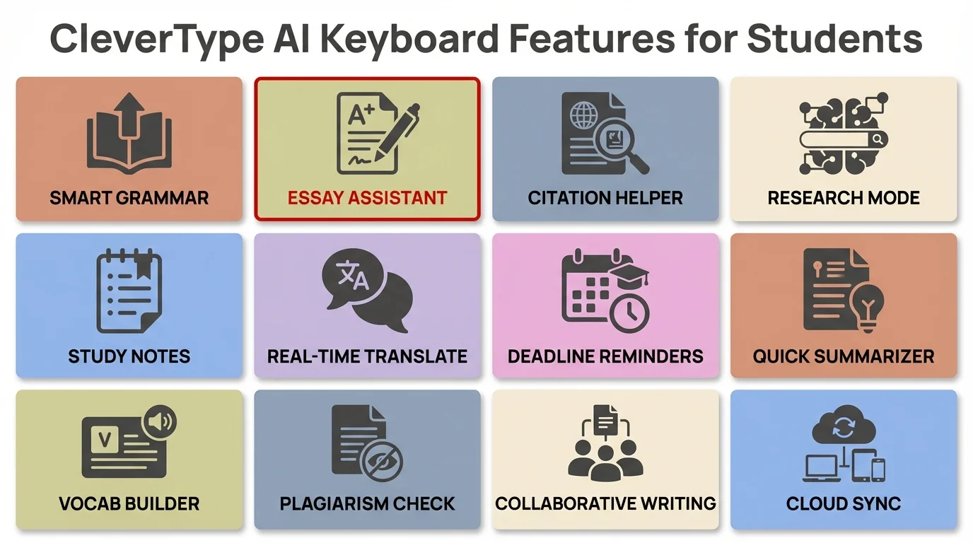 CleverType AI keyboard features designed specifically for students including smart grammar, essay assistance, citation help, and study tools