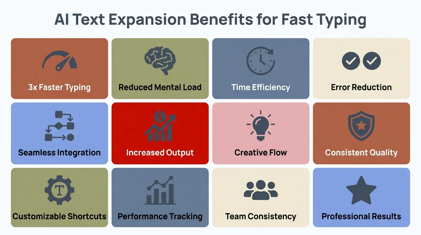 AI Text Expansion Benefits for Fast Typing - Key advantages of using text expansion features including speed boost, reduced mental load, time efficiency, and error reduction