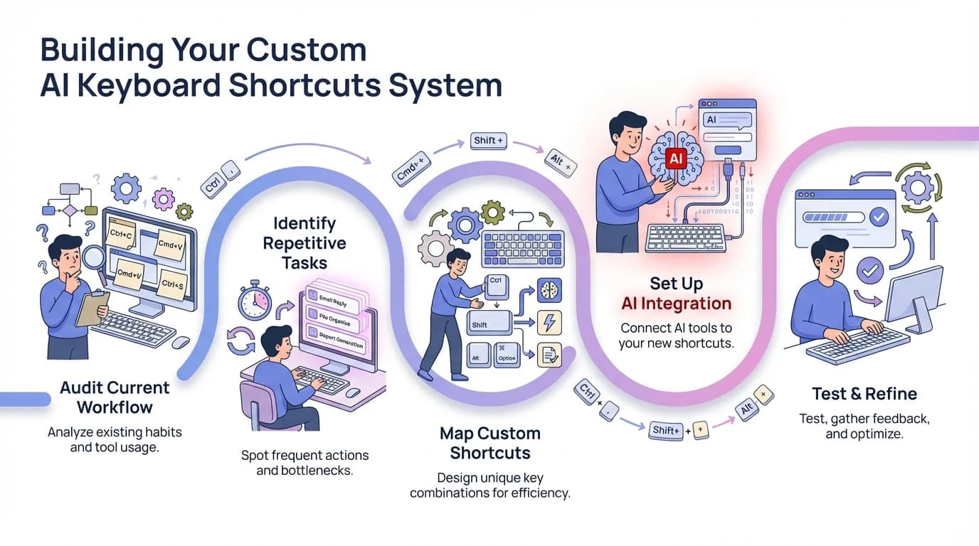 Building Your Custom AI Keyboard Shortcuts System - Step-by-step guide showing how to audit workflow, identify repetitive tasks, map shortcuts, integrate AI, and test your system