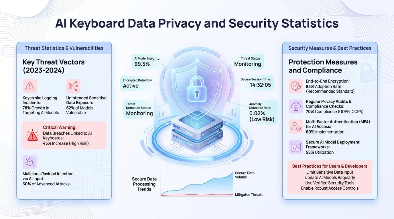AI keyboard data privacy and security statistics infographic showing on-device vs cloud data processing percentages