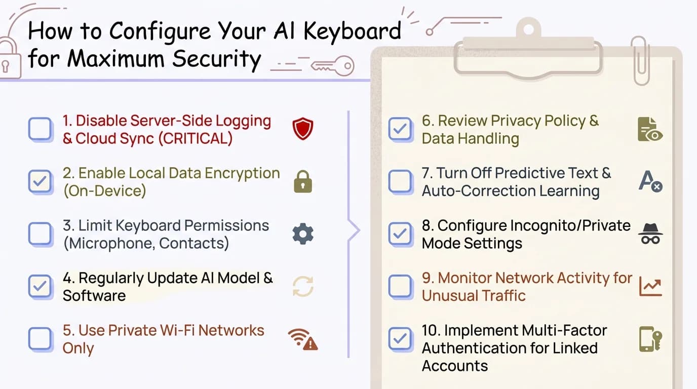 Step-by-step checklist for configuring your AI keyboard for maximum security including restricting network access, minimizing permissions, and enabling privacy modes