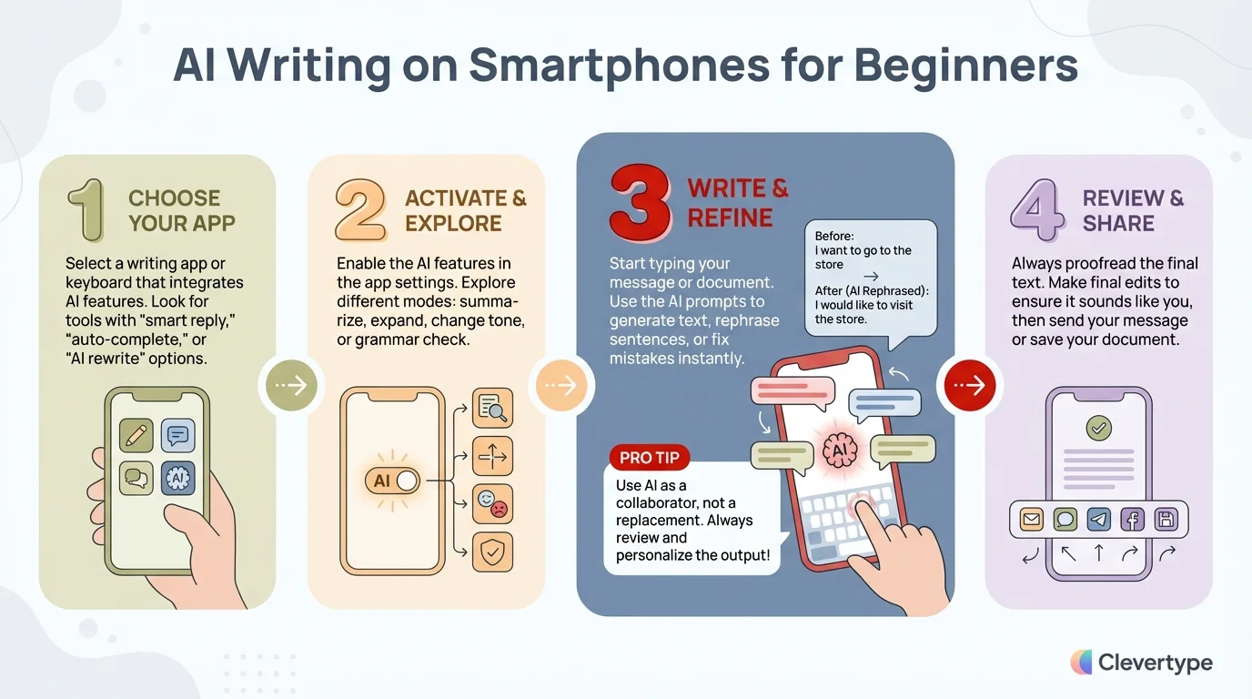 Educational infographic showing beginner-friendly steps for getting started with AI writing on smartphones