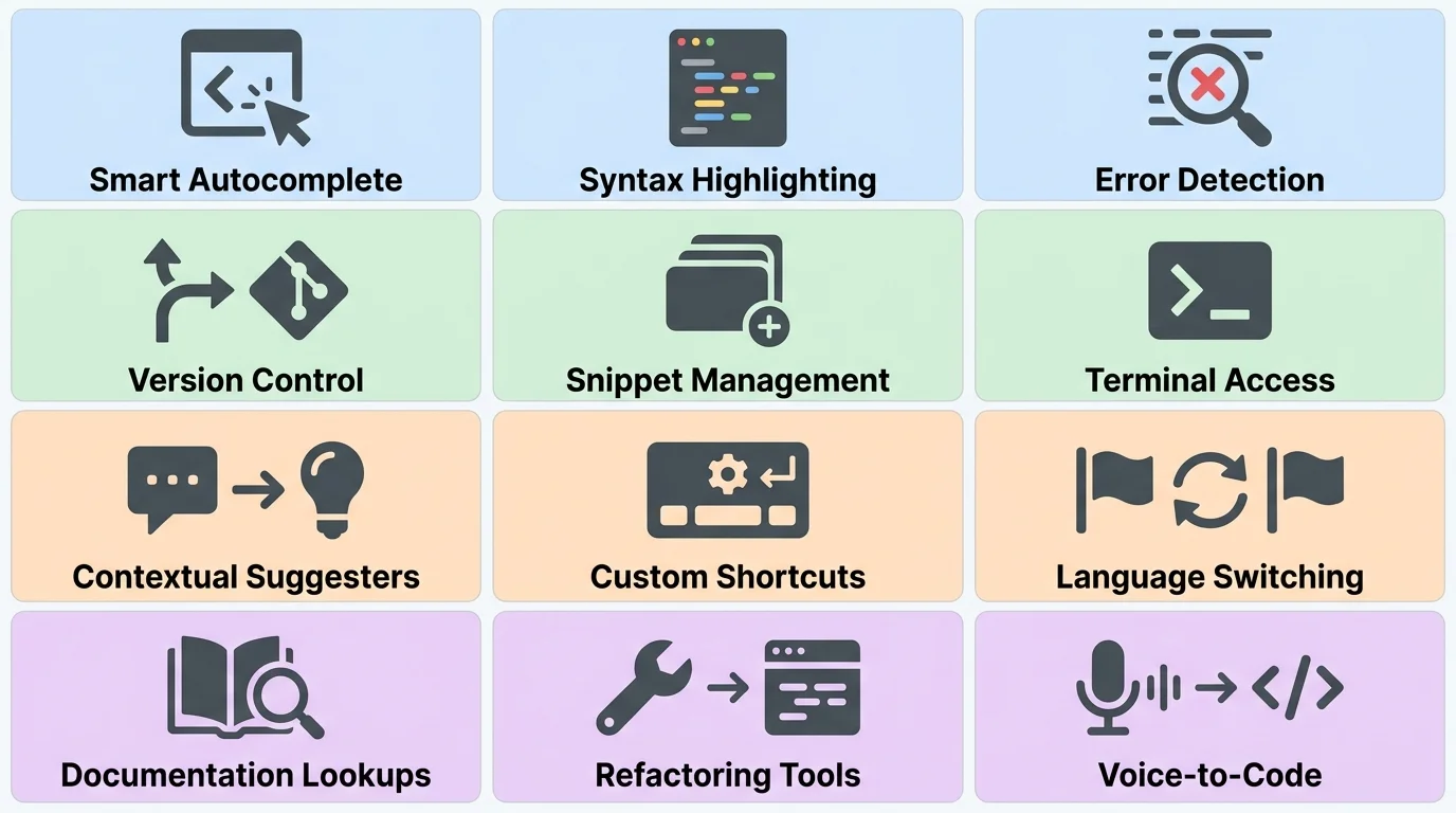 Key features of AI keyboards for developers including technical vocabulary support, code snippet shortcuts, privacy-first design, context-aware suggestions, clipboard management, and low latency