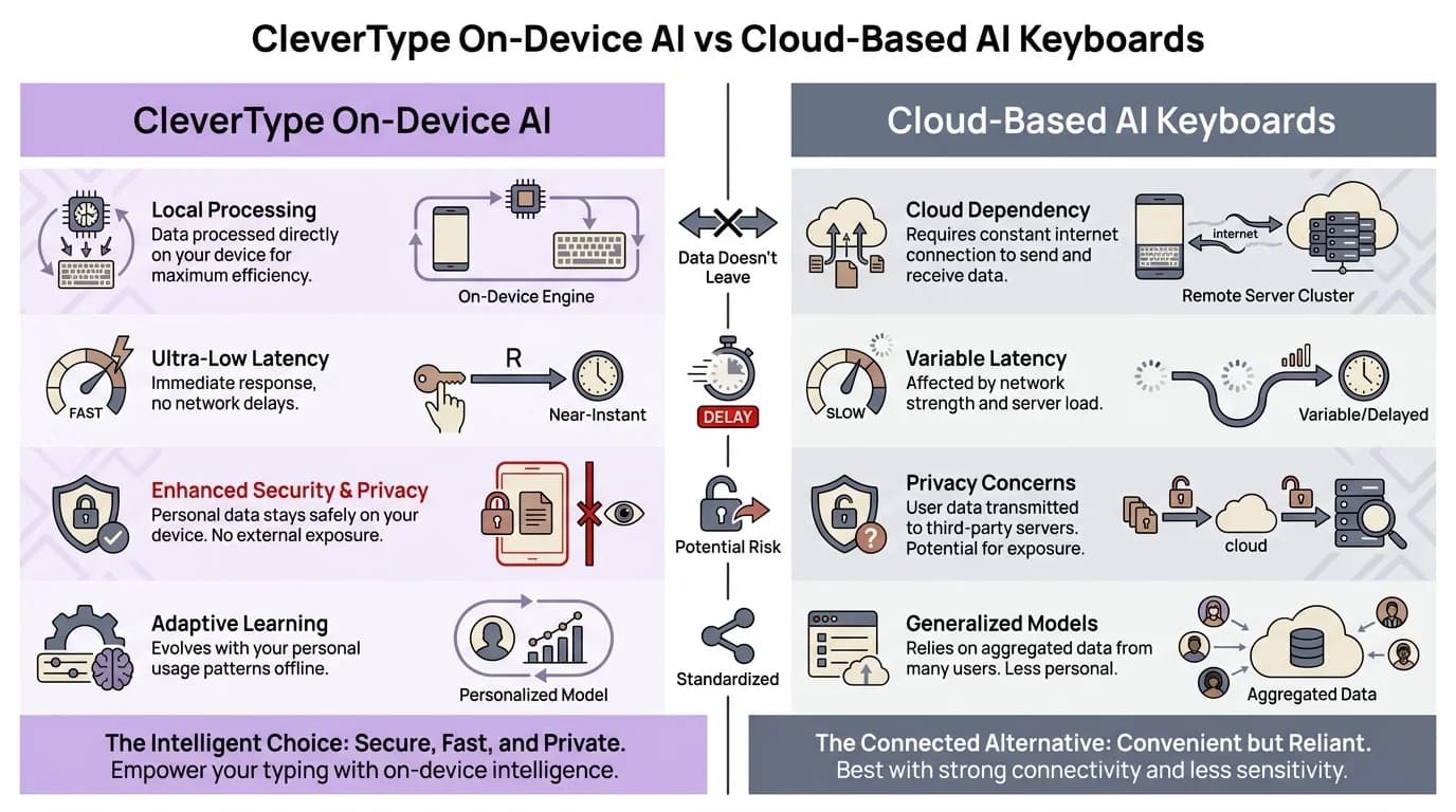 CleverType on-device AI vs cloud-based AI keyboards: privacy and performance comparison