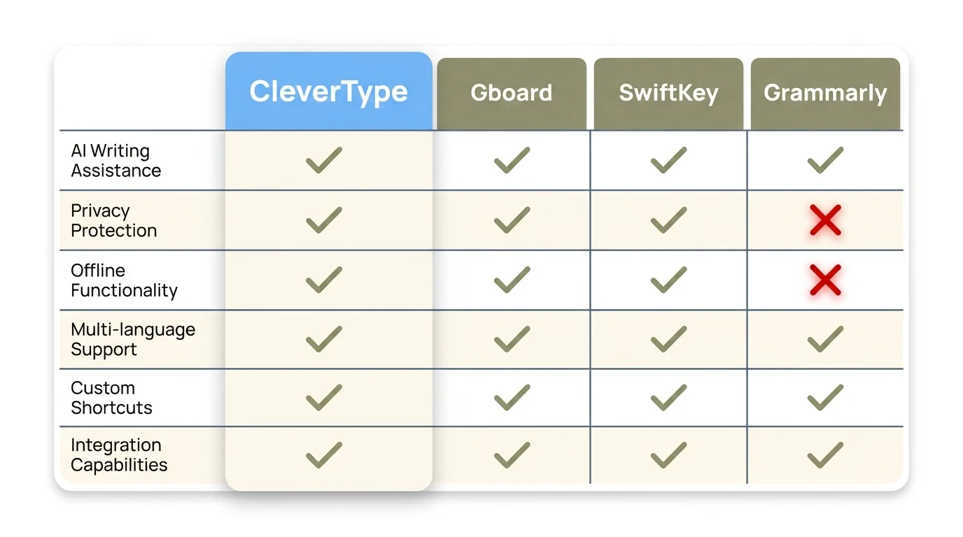 CleverType vs Gboard, SwiftKey and Grammarly: full feature comparison matrix for iPhone AI keyboards
