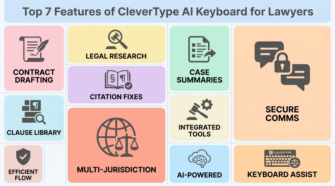 Top 7 features of CleverType AI keyboard for lawyers including on-device privacy, legal terminology recognition, grammar checking, custom dictionaries, multi-language support, smart clipboard, and voice typing