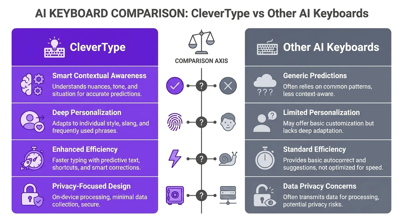 CleverType vs other AI keyboards comparison showing CleverType's advantages in privacy, legal accuracy, response time, and custom dictionary capacity for legal professionals