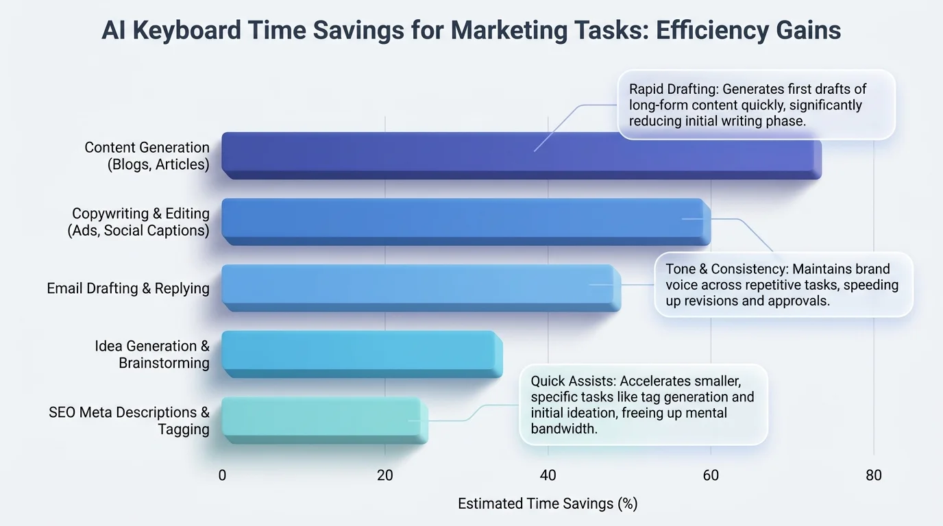 Bar chart infographic showing AI keyboard time savings for marketing tasks — Facebook ad headlines drop from 25 to 8 minutes, Instagram captions from 15 to 4 minutes