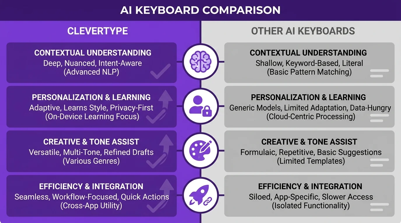 Split-screen comparison infographic: CleverType (purple) vs Other AI Keyboards (gray) showing feature advantages including on-device privacy, tone switching, and marketing-specific presets