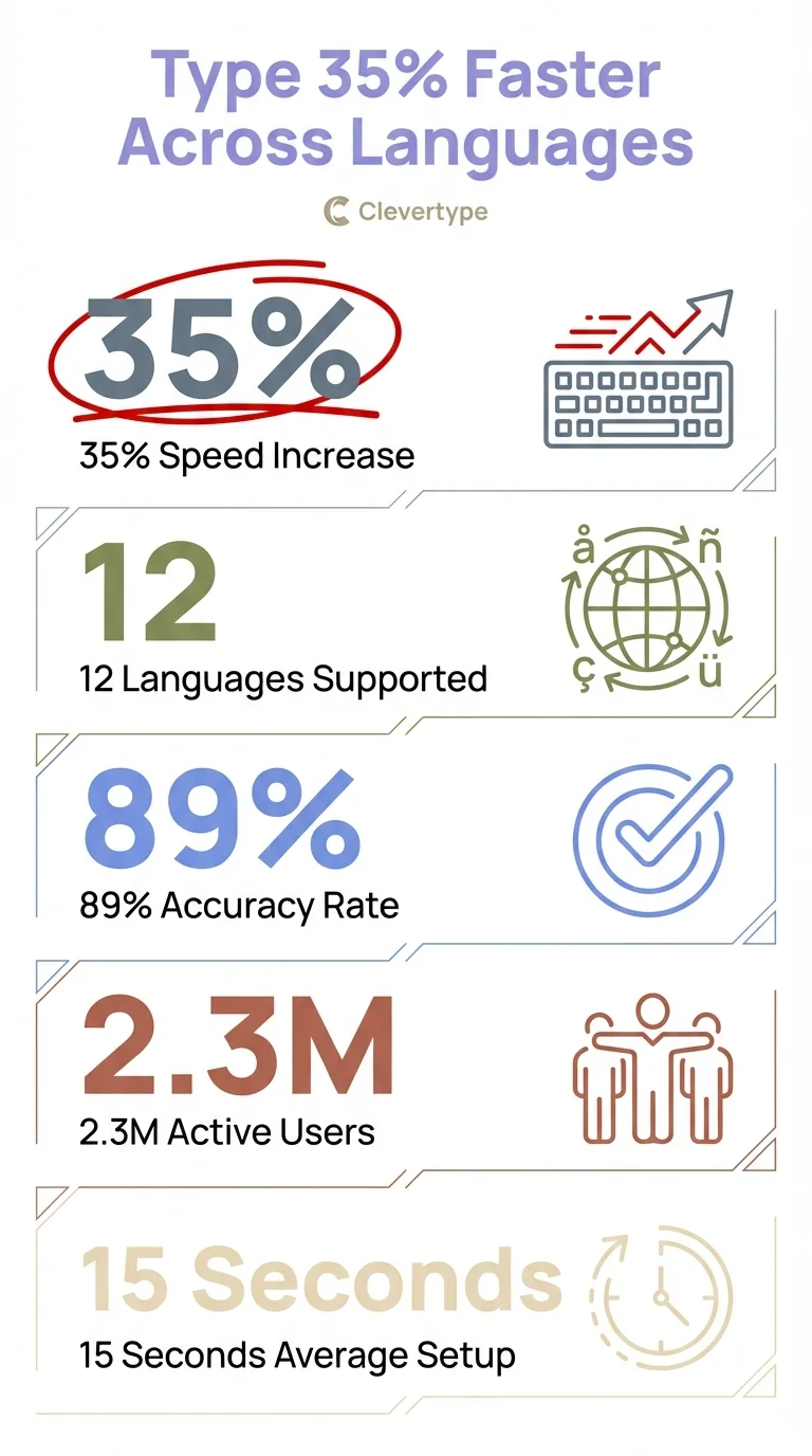 Multilingual typing speed improvement statistics showing 35% faster typing across languages with AI keyboards