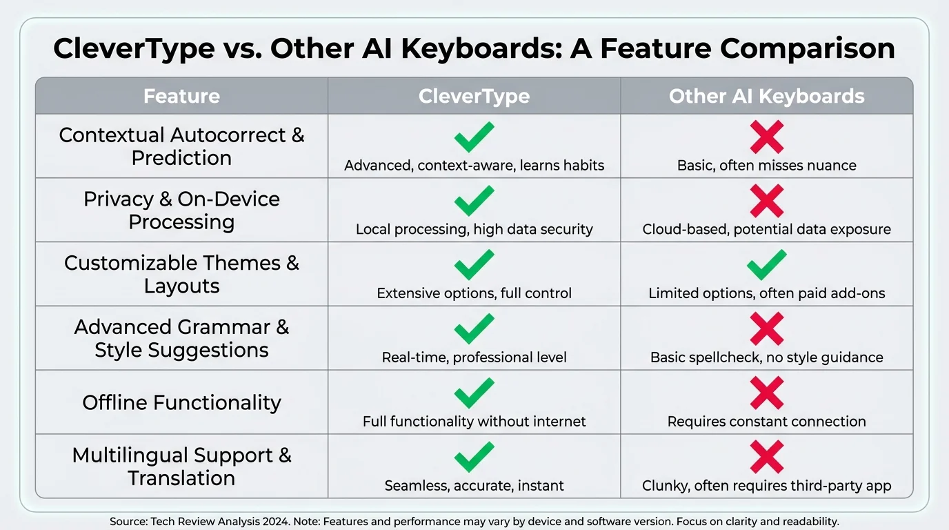 CleverType vs Other AI Keyboards: Feature comparison matrix showing CleverType's superior grammar fix, tone adjustment, ChatGPT integration, and privacy-first design