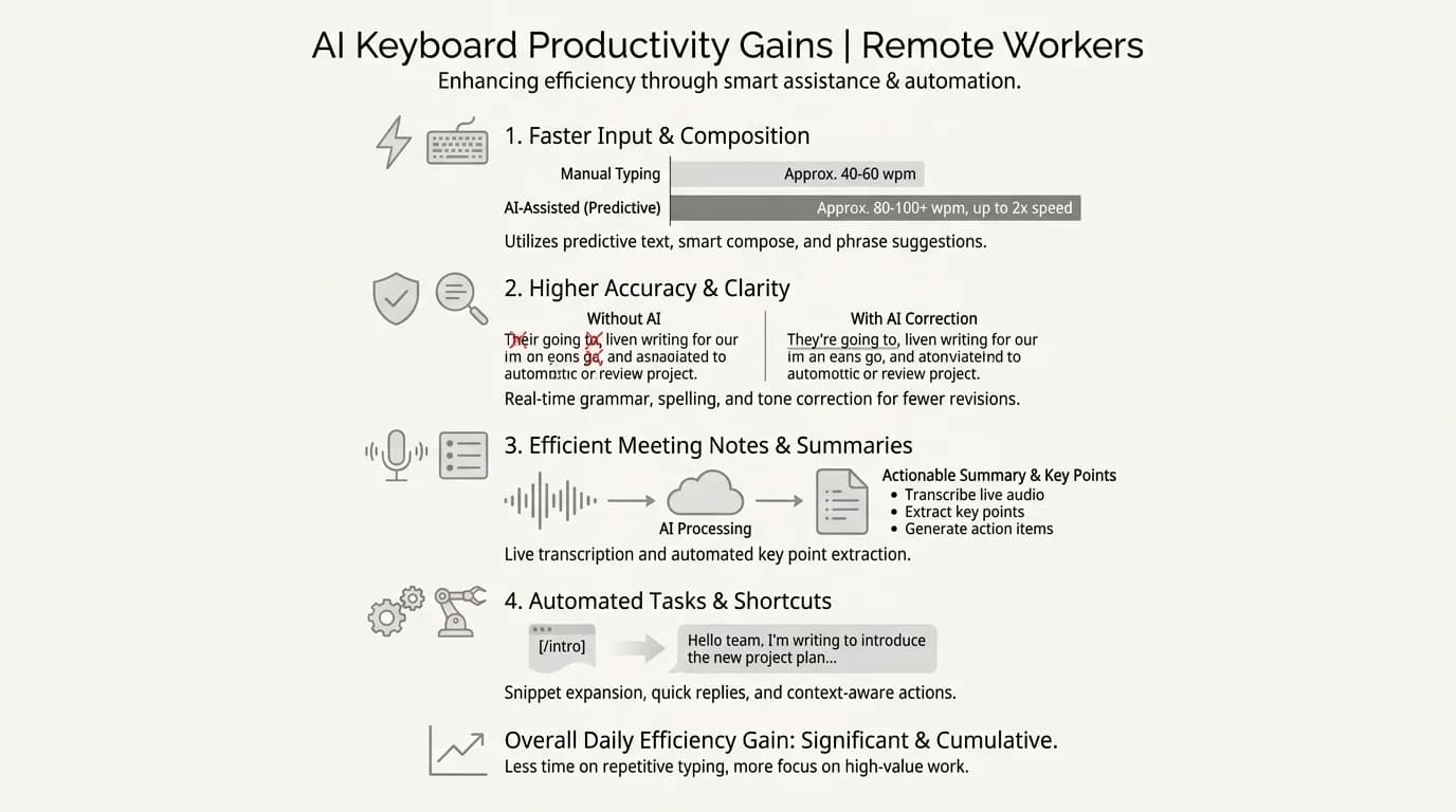 AI Keyboard Productivity Gains for Remote Workers: Key statistics showing time saved on grammar fixes, tone rewrites, reply drafting, and grammar lookups — nearly 1 hour recovered daily