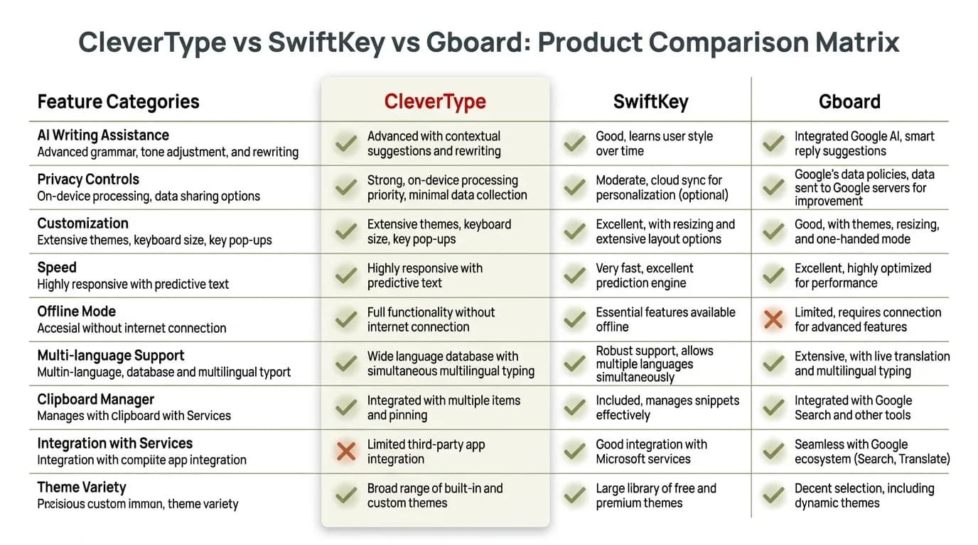 CleverType vs SwiftKey vs Gboard feature comparison matrix showing CleverType's superiority in grammar analysis, tone adjustment, on-device privacy, and professional modes