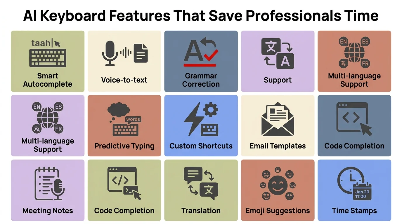 12 AI keyboard features that save professionals time including smart autocomplete, voice-to-text, grammar correction, multi-language support, and predictive typing
