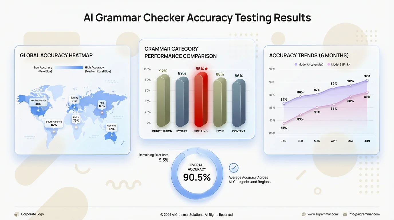 AI Grammar Checker Accuracy Testing Results dashboard showing error detection rates, performance metrics, and comparison data