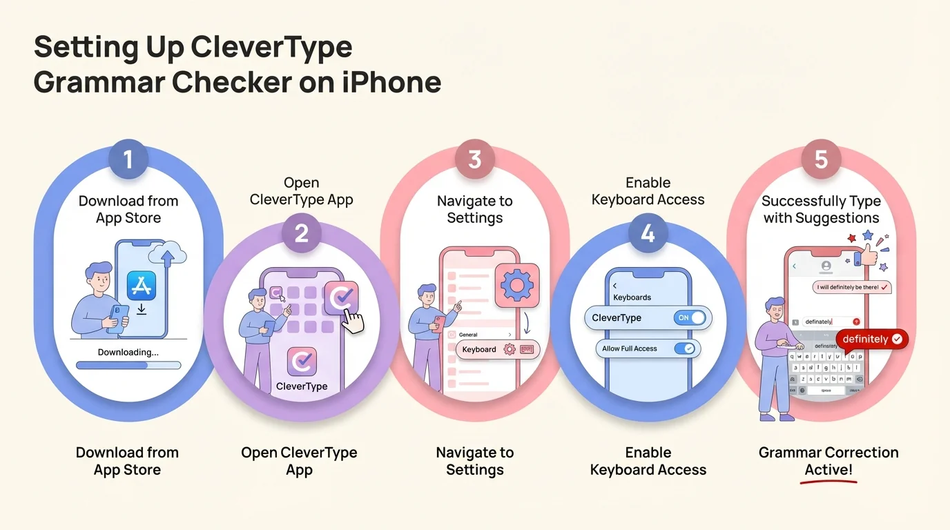 Step-by-step visual guide showing how to set up CleverType grammar checker on iPhone with illustrated instructions