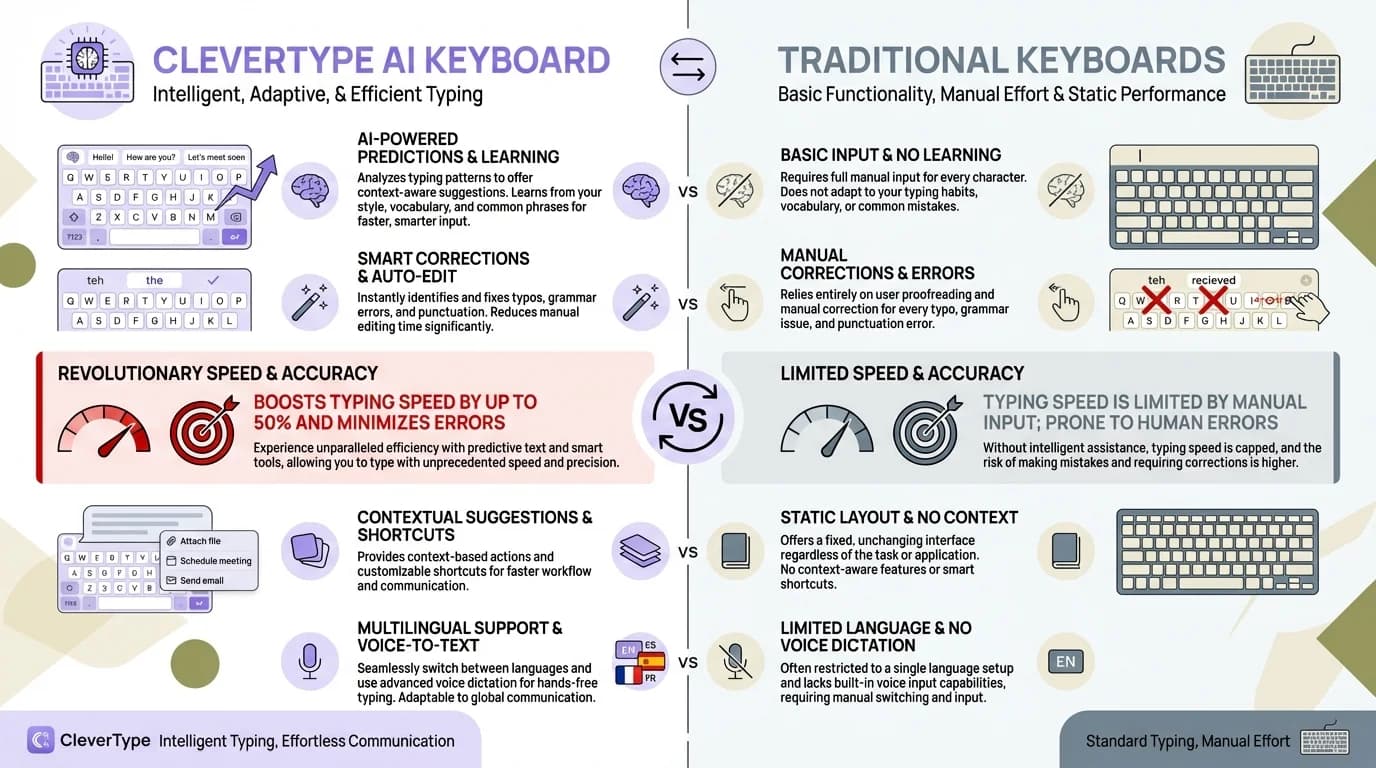 CleverType AI Keyboard vs Traditional Keyboards - Comparison showing AI-powered tone analysis, real-time suggestions, and smart communication features versus basic typing functionality