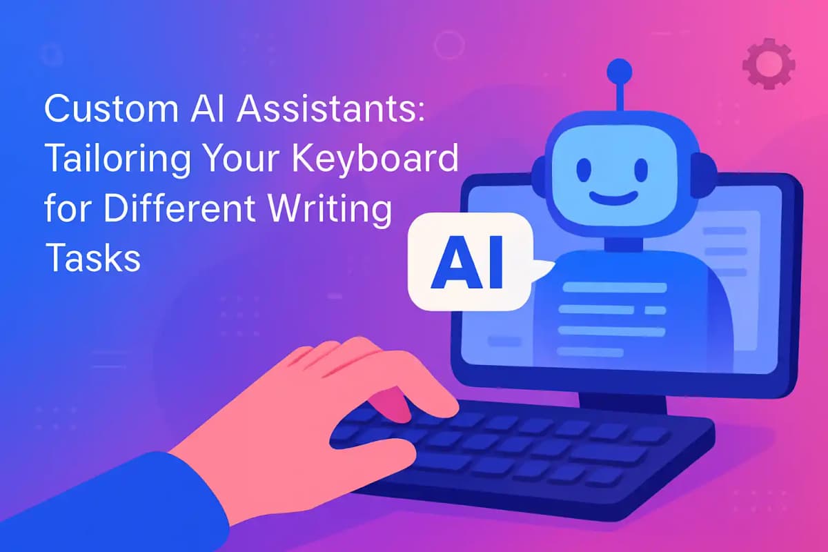 CleverType Blog Post Thumbnail: Custom AI Assistants: Tailoring Your Keyboard for Different Writing Tasks Featured image for article: Custom AI Assistants: Tailoring Your Keyboard for Different Writing Tasks