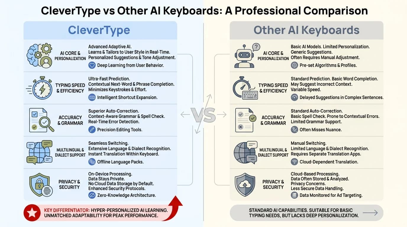 CleverType vs other AI keyboards comparison: battery efficiency, on-device processing, grammar correction, and full AI feature suite