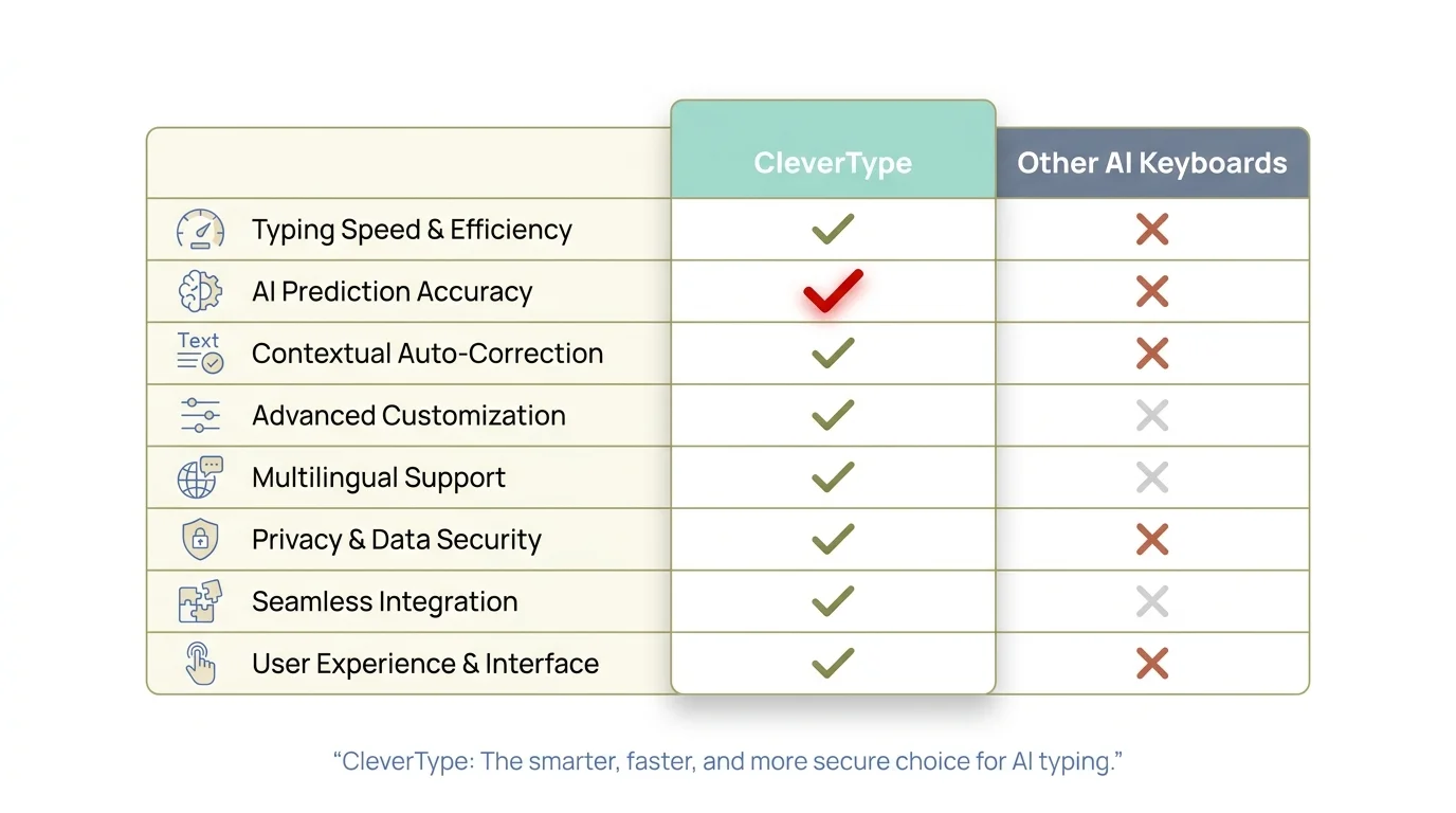 CleverType vs Other AI Keyboards battery efficiency comparison matrix showing on-device AI processing, network activity, daily battery usage, and privacy ratings
