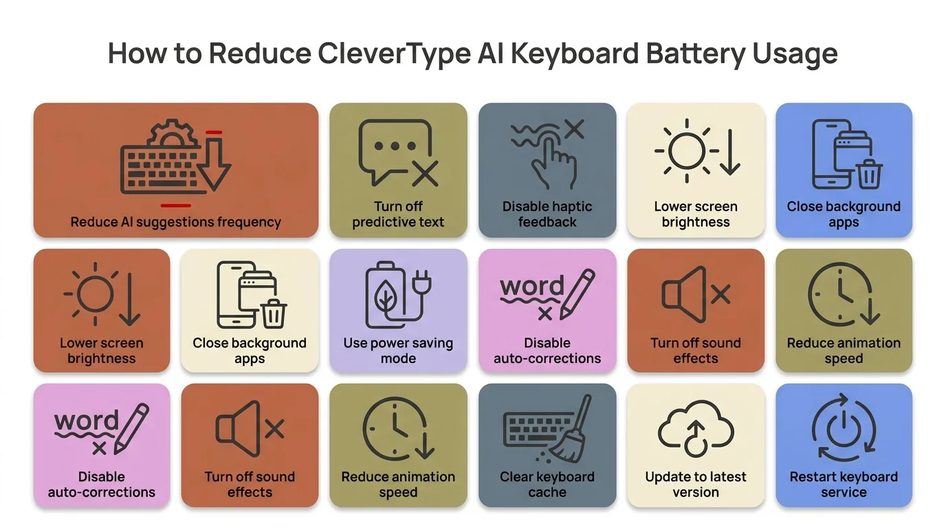 6 quick tips to reduce CleverType AI keyboard battery usage including disabling voice input, reducing suggestion frequency, and enabling Adaptive Battery