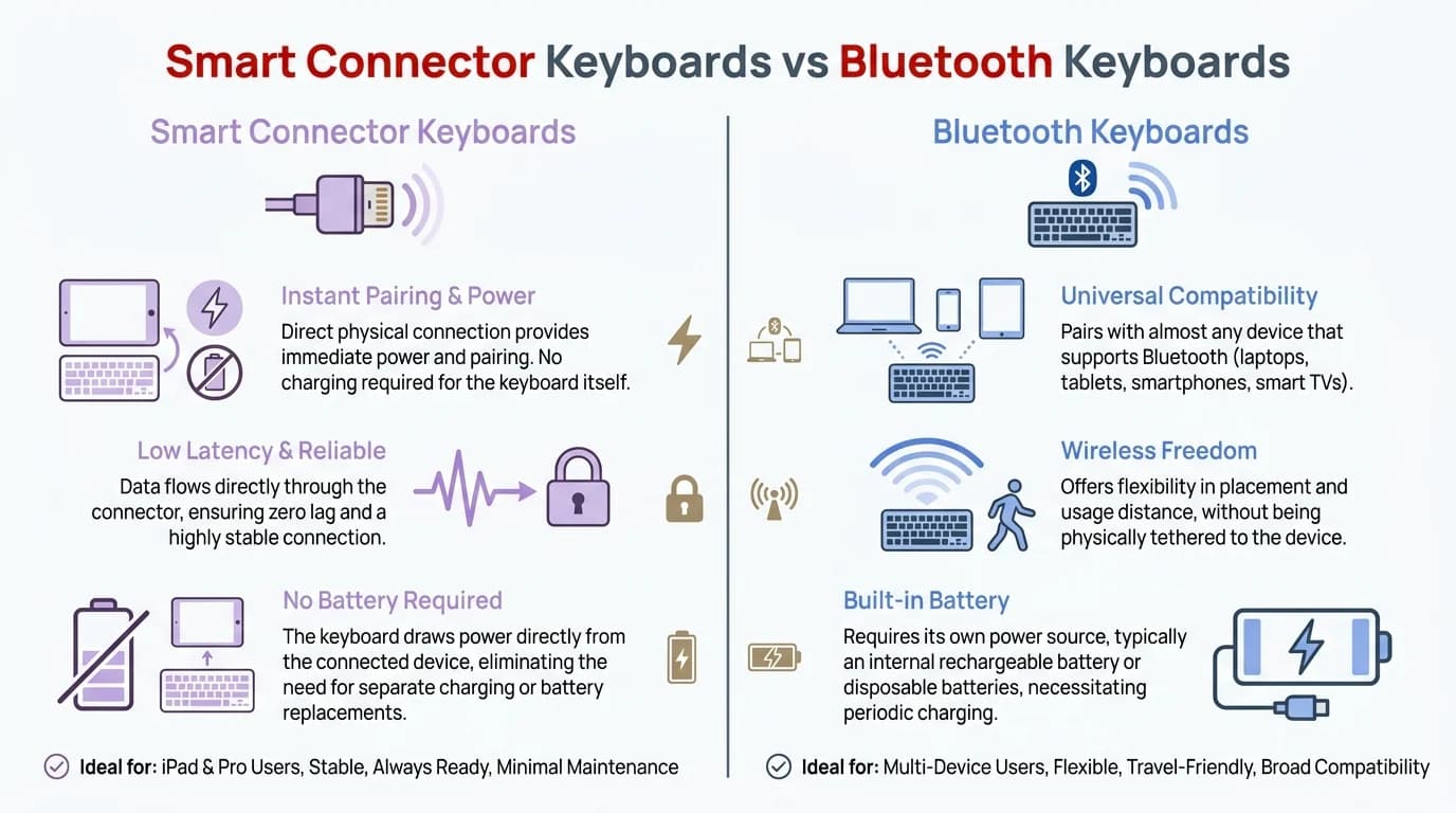 Smart Connector Keyboards vs Bluetooth Keyboards: side-by-side battery impact comparison showing power source, drain percentage, and key differences