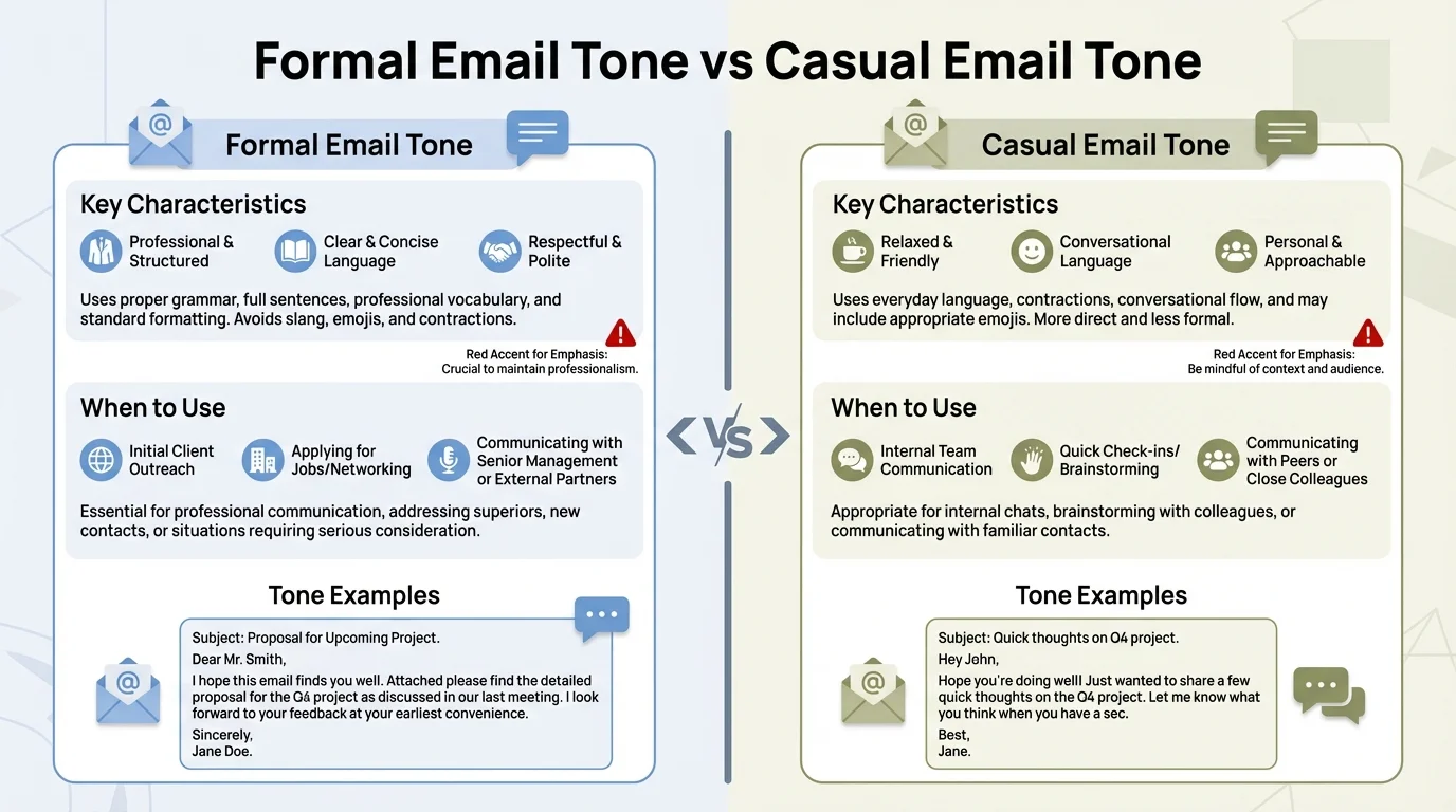 Comparison of formal vs casual email tone - when to use each approach in client communication