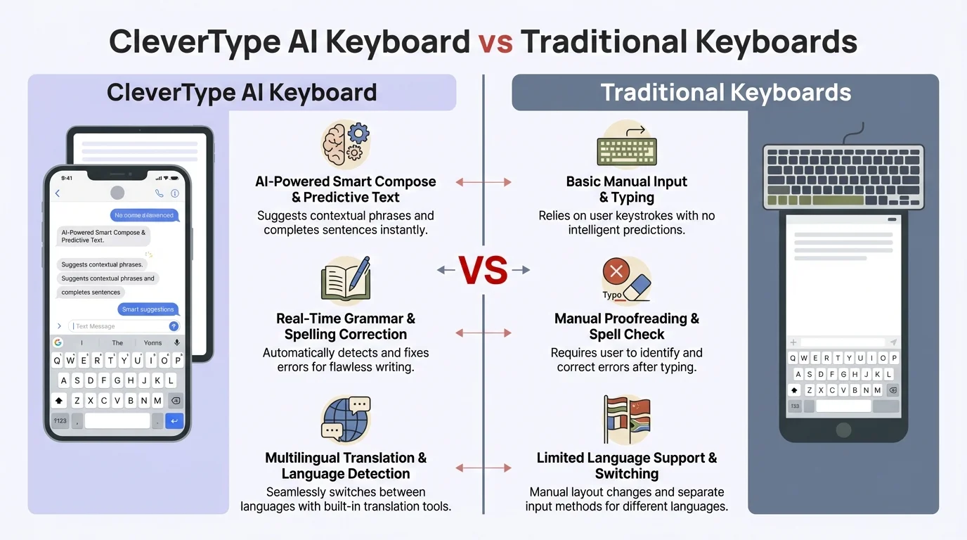 Comparison infographic: CleverType AI Keyboard vs Traditional Keyboards for workplace communication
