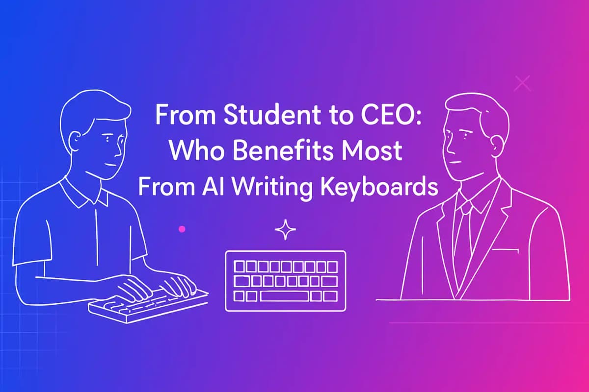 CleverType Blog Post Thumbnail: From Student to CEO: Who Benefits Most From AI Writing Keyboards Featured image for article: From Student to CEO: Who Benefits Most From AI Writing Keyboards