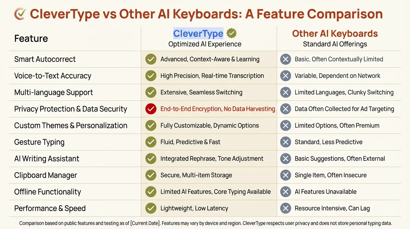 Comparison matrix showing CleverType vs other AI keyboards - feature-by-feature analysis highlighting CleverType's superior capabilities
