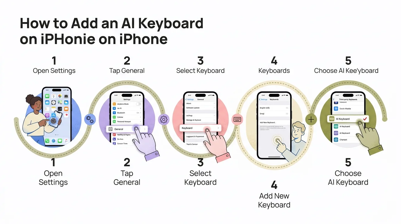 Step-by-step process for adding an AI keyboard on iPhone: open Settings, tap General, select Keyboard, add new keyboard, and choose your AI keyboard
