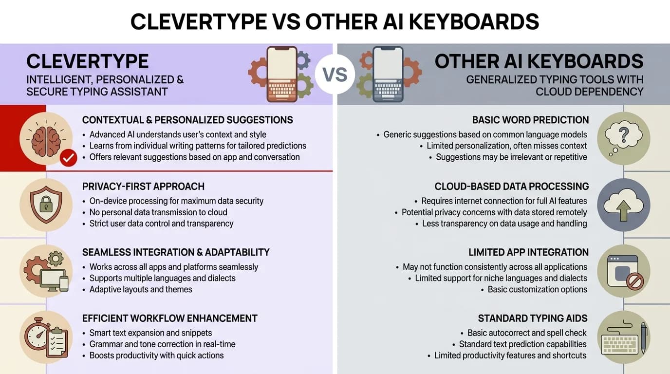 CleverType vs Other AI Keyboards comparison: on-device AI processing, grammar correction, tone adjustment, 100+ languages, and smart replies versus standard cloud-only AI features