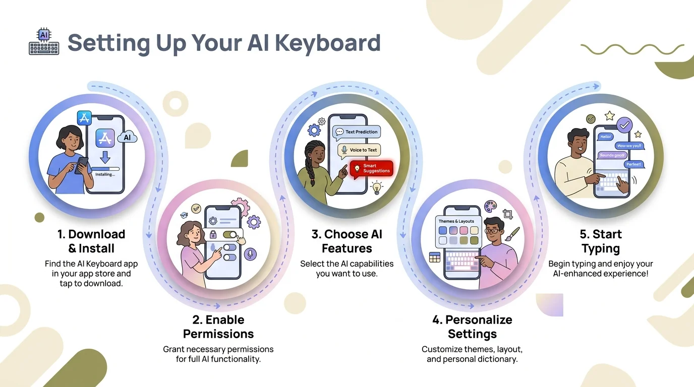 Step-by-step process infographic showing how to set up an AI keyboard for the first time: download, enable permissions, choose features, personalize settings, and start typing