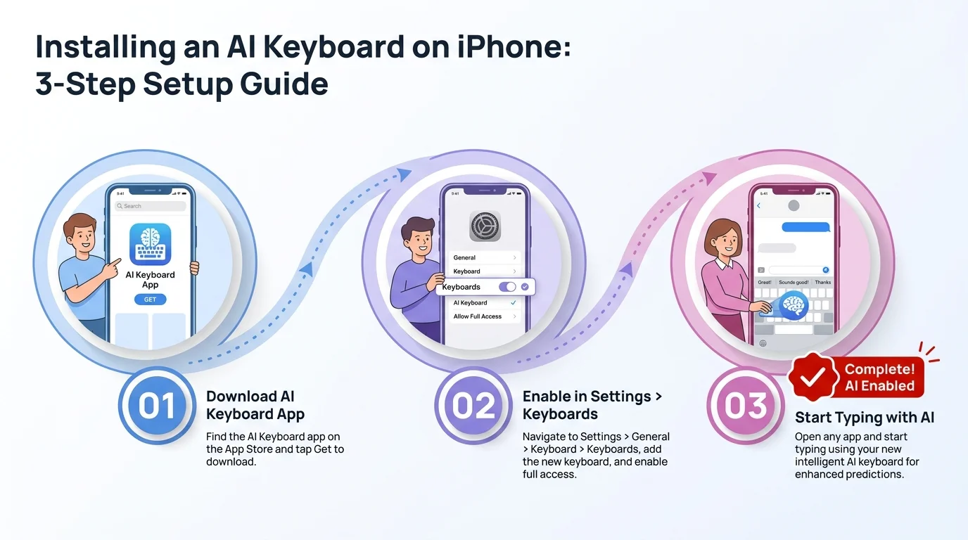 3-step process infographic showing how to install an AI keyboard on iPhone: download the app, enable in Settings, then start typing with AI features