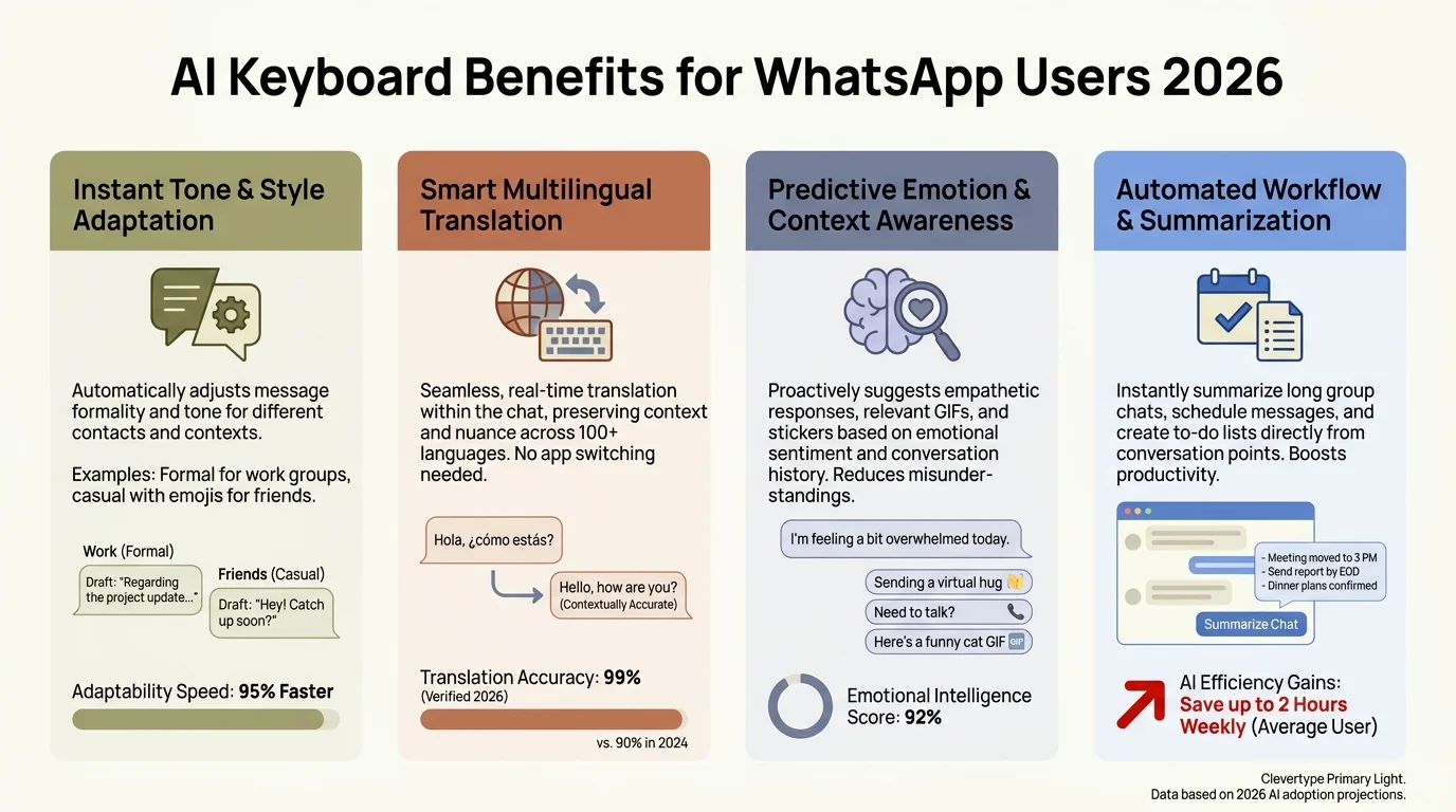 Infographic showing AI keyboard benefits for WhatsApp users in 2026: 52 minutes saved daily, 47% fewer message errors, and key statistics on AI-assisted typing