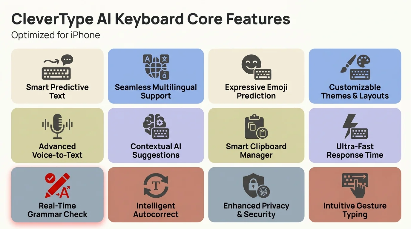 CleverType AI Keyboard Core Features on iPhone: Grammar Correction, Tone Adjustment, Translation, Smart Replies, and Voice-to-Text