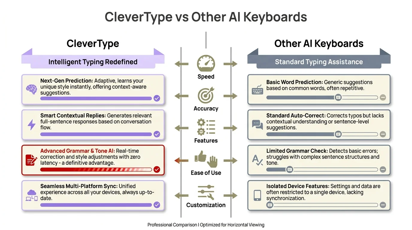 CleverType vs Other AI Keyboards: Feature comparison showing CleverType's advantages in grammar correction, tone adjustment, AI replies, privacy, and custom assistants