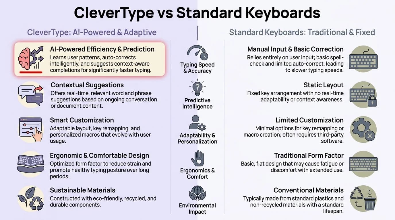 CleverType vs Standard Keyboards comparison infographic showing key feature differences including context-aware corrections, real-time grammar checks, tone adjustment, smart AI replies, inline translation, and built-in ChatGPT
