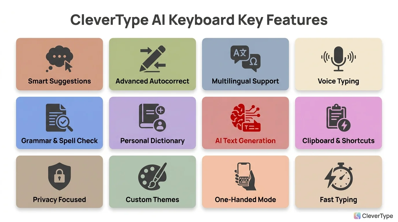 CleverType AI Keyboard key features infographic showing grammar fix, tone adjustment, smart AI replies, ChatGPT integration, multilingual typing, translation, custom shortcuts, and privacy-first on-device processing