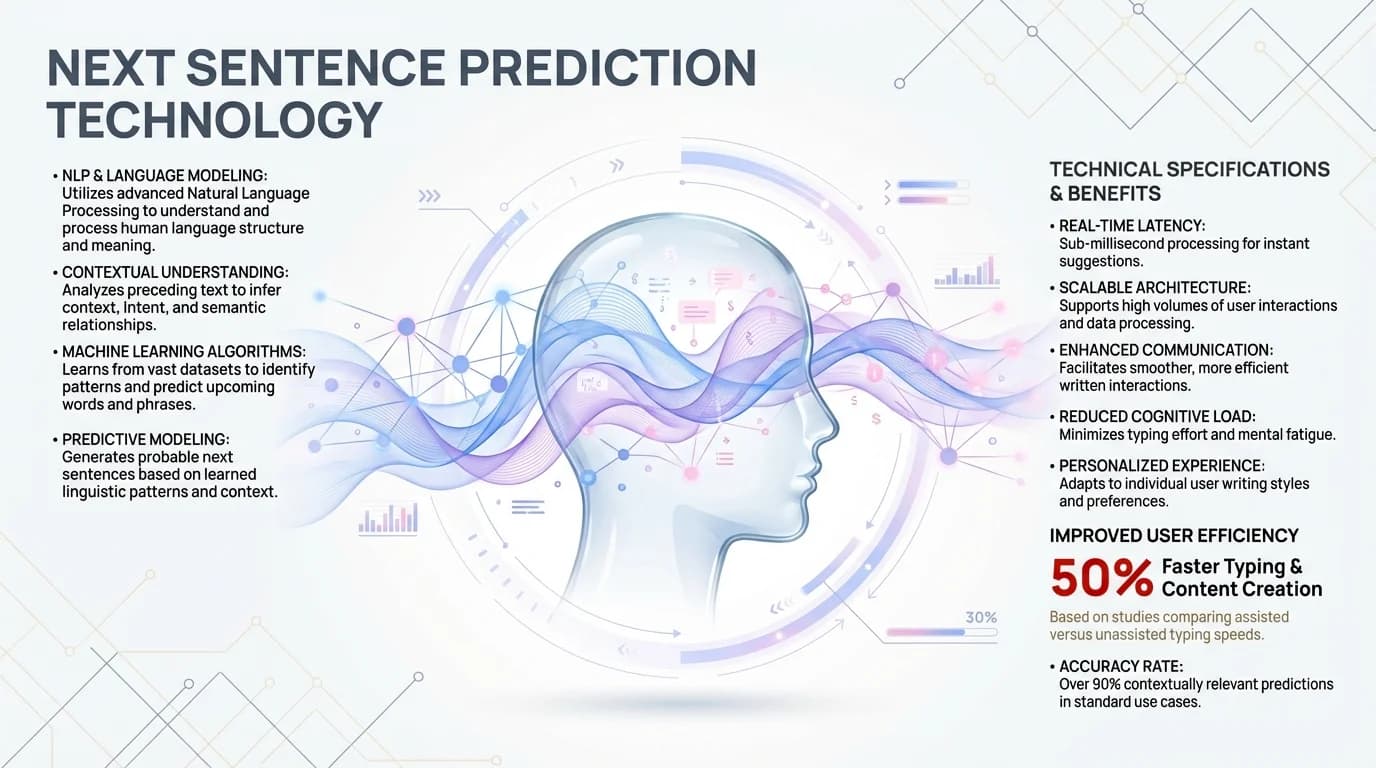 Next Sentence Prediction Technology - AI-powered architecture showing how neural networks process and predict complete sentences in real-time