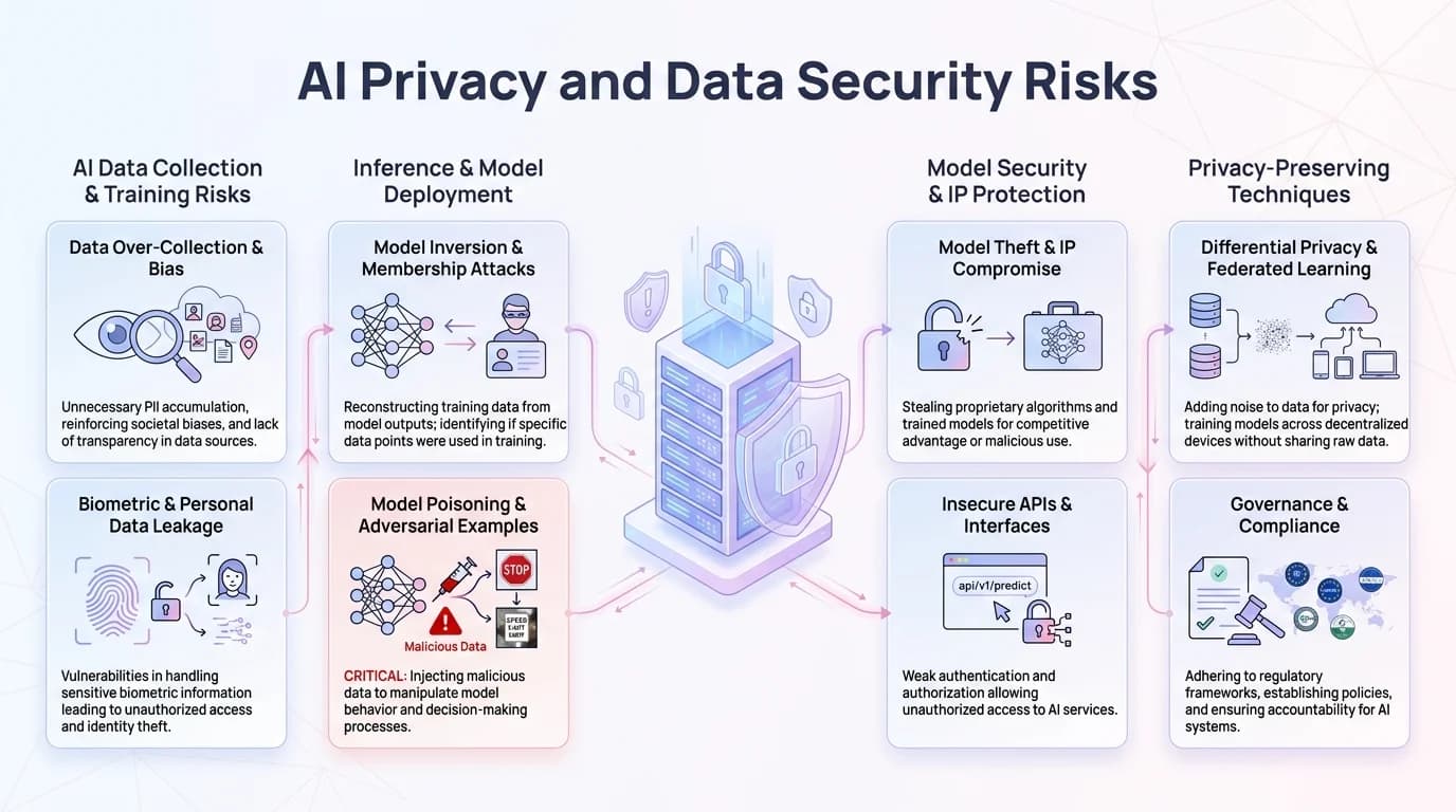 AI privacy and data security risks infographic showing data retention, cloud processing, and security threats