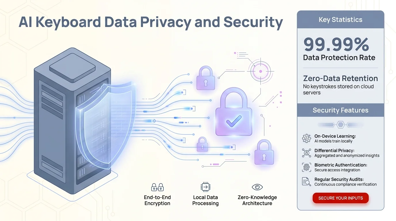 AI keyboard data privacy and security infographic showing encryption, local processing, and protection layers for safe typing