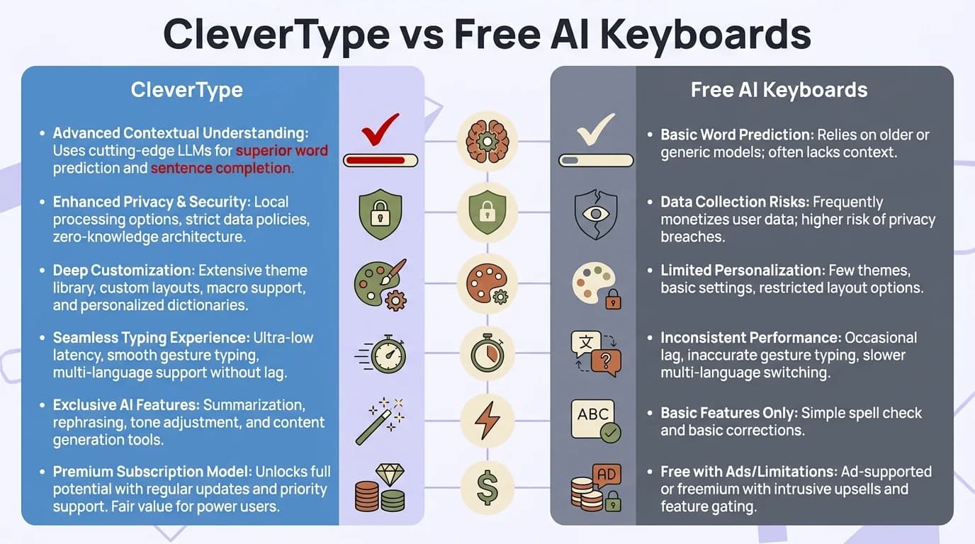 CleverType vs free AI keyboards comparison infographic highlighting security features, data privacy practices, and key differences